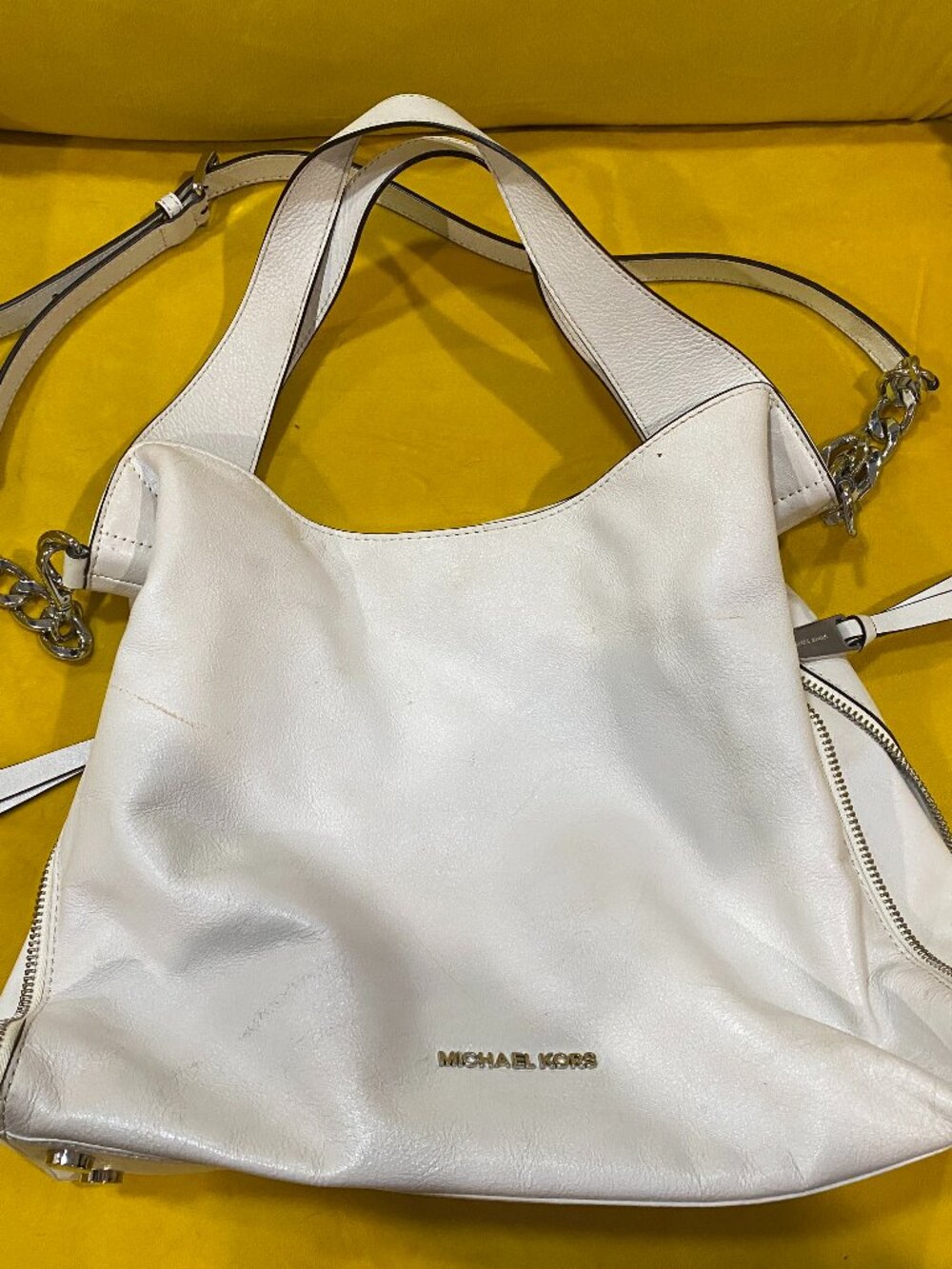 Michael Kors White Leather Shoulder Bag | Large Hobo Tote | Designer Purse